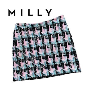 Milly, Wool Blend Tweed Houndstooth Mini Skirt, Black, Blue, Pink